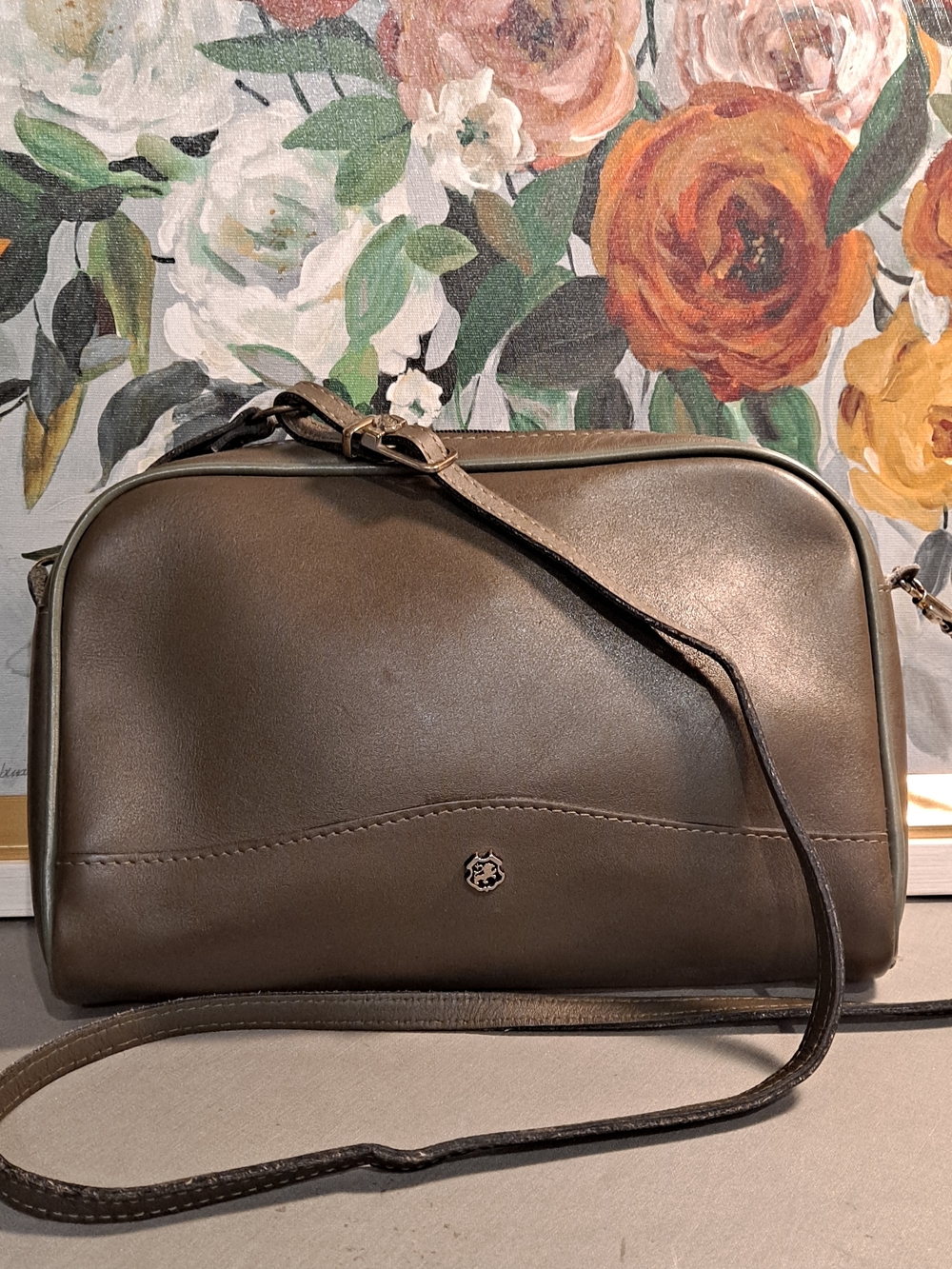 John Romain 90s Vintage Brown Olive Green Leather Crossbody Bag USA Made